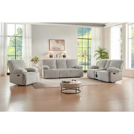 Set Canapele cu Recliner Siete 3RR + 2RR + Fotoliu 1R, Stofa Raiata, Beige picture - 1