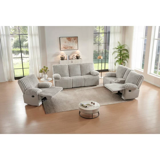 Set Canapele cu Recliner Siete 3RR + 2RR + Fotoliu 1R, Stofa Raiata, Beige picture - 2