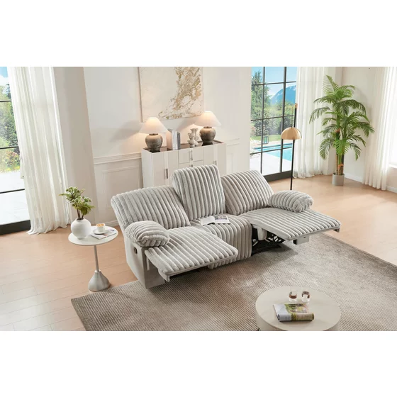 Set Canapele cu Recliner Siete 3RR + 2RR + Fotoliu 1R, Stofa Raiata, Beige picture - 4
