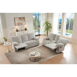 Set Canapele cu Recliner Siete 3RR + 2RR + Sistem Audio si Suport Pahare, Stofa Raiata, Beige