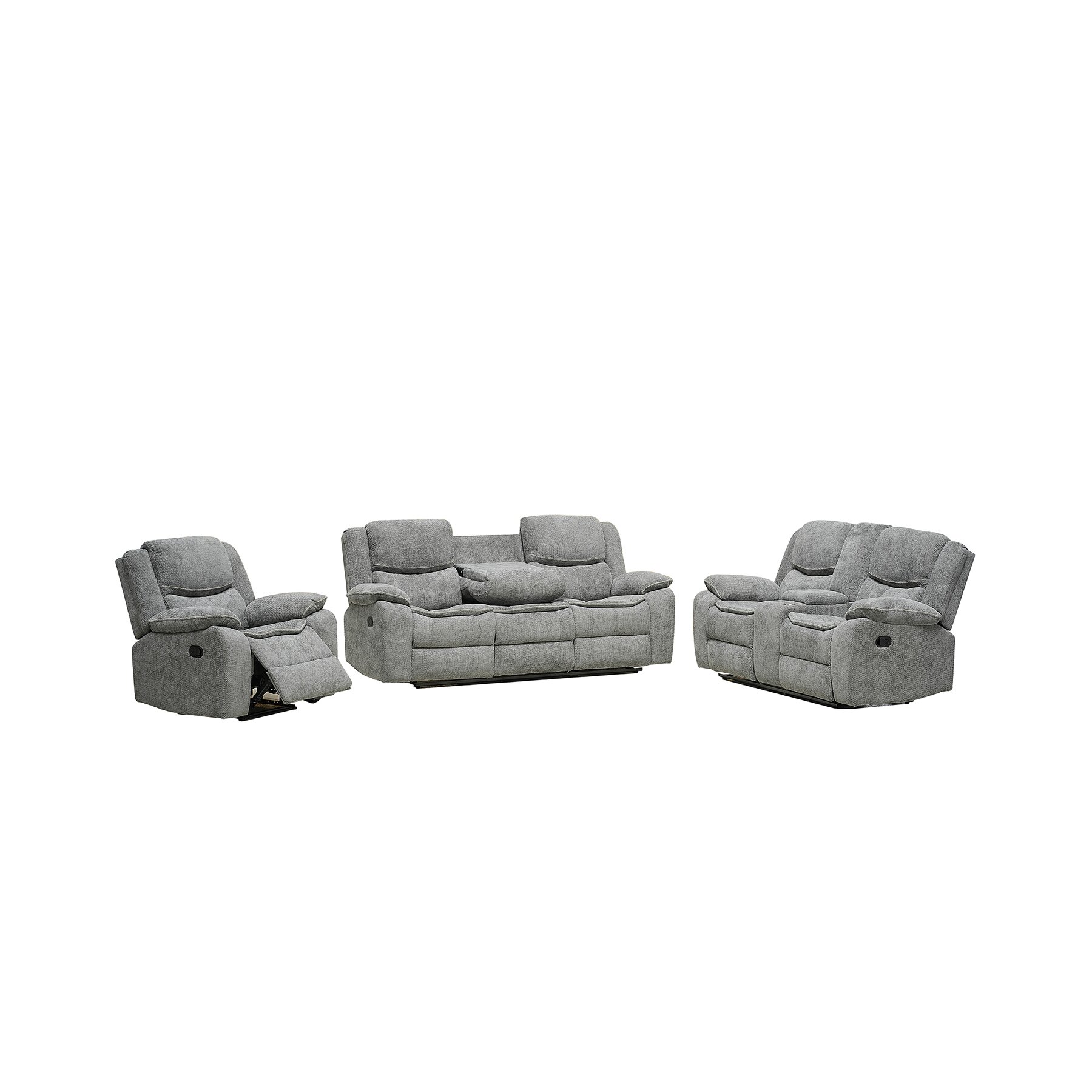 Set cu Recliner Arcadia, Canapea 3L - 226x98x104 cm, Canapea 2L - 190x98x104 cm, Fotoliu - 109x98x104 cm, Stofa, Gri