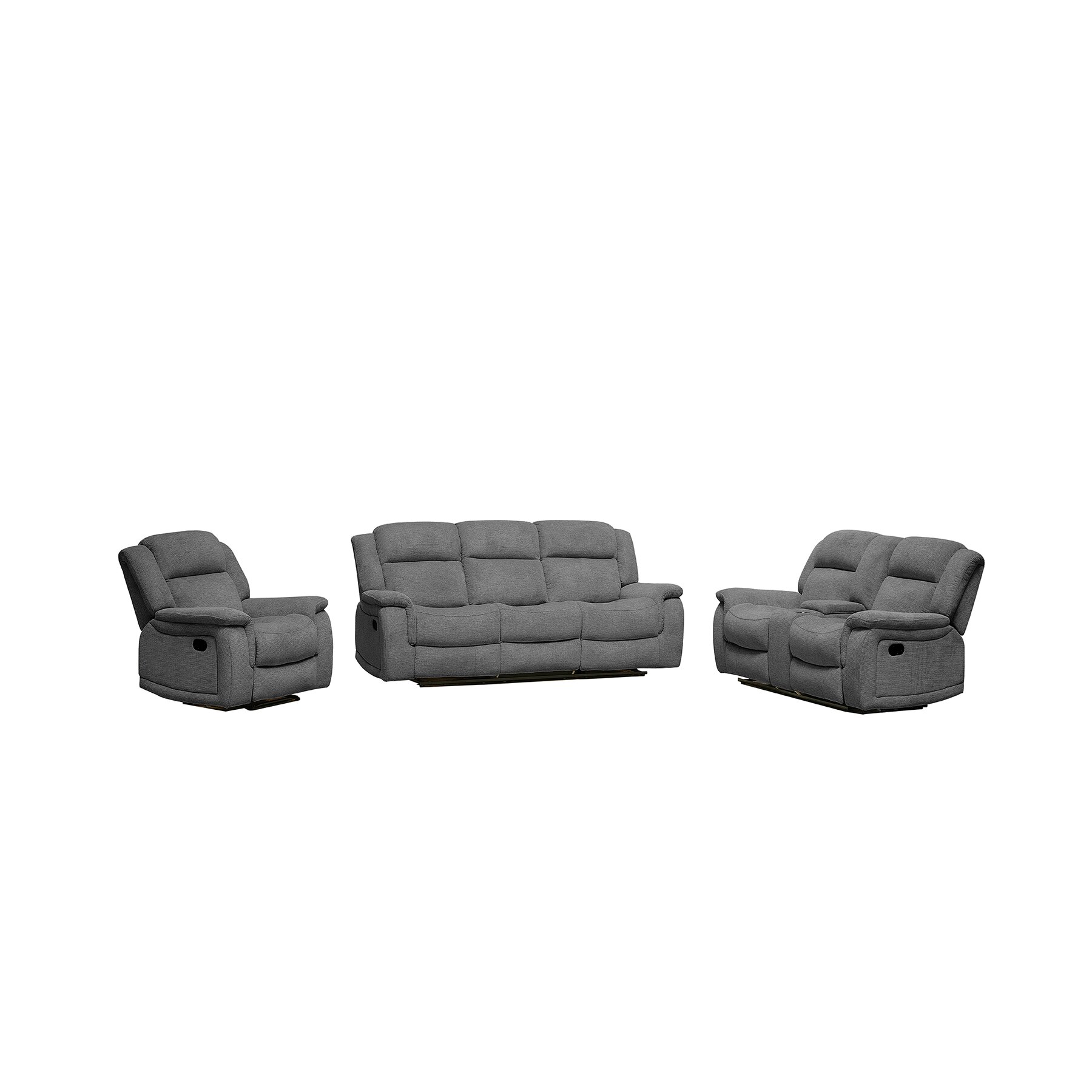 Set cu Recliner Carole, Canapea 3L - 224x101x101 cm, Canapea 2L - 196x101x101 cm, Fotoliu - 106x101x101 cm, Stofa, Gri