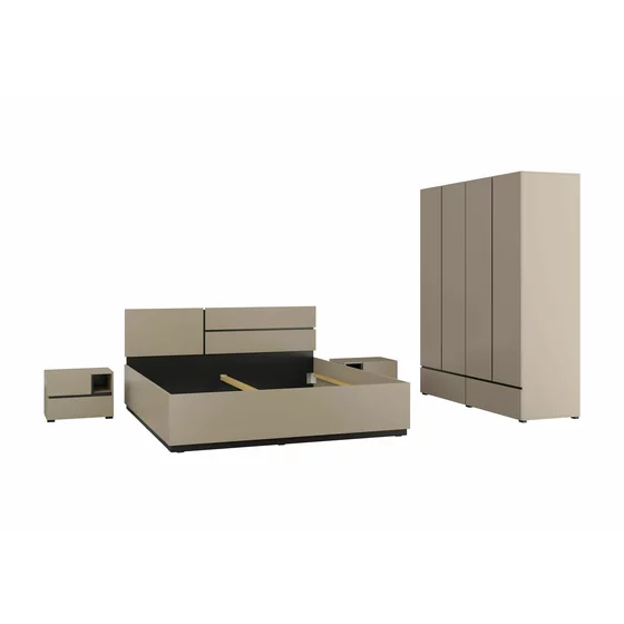 Set Dormitor Cross, Dulap 4 Usi si 2 Sertare 180x60x210 h cm, Pat 160x200 cm, 2 noptiere - 55x40x40 cm, Pal Laminat, Beige Congo/Negru picture - 3