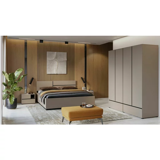 Set Dormitor Cross, Dulap 4 Usi si 2 Sertare 180x60x210 h cm, Pat 160x200 cm, 2 noptiere - 55x40x40 cm, Pal Laminat, Beige Congo/Negru picture - 1