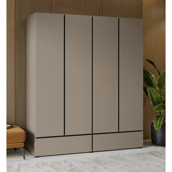 Set Dormitor Cross, Dulap 4 Usi si 2 Sertare 180x60x210 h cm, Pat 160x200 cm, 2 noptiere - 55x40x40 cm, Pal Laminat, Beige Congo/Negru picture - 2