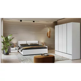 Set Dormitor Cross, Dulap 4 Usi si 2 Sertare 180x60x210 h cm, Pat 160x200 cm, 2 noptiere - 55x40x40 cm, Pal Laminat, Alb/Negru