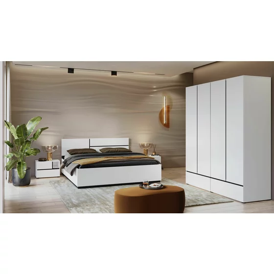 Set Dormitor Cross, Dulap 4 Usi si 2 Sertare 180x60x210 h cm, Pat 160x200 cm, 2 noptiere - 55x40x40 cm, Pal Laminat, Alb/Negru picture - 1