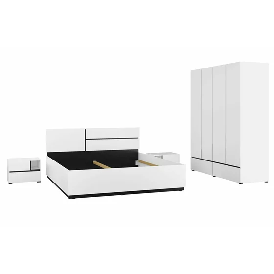 Set Dormitor Cross, Dulap 4 Usi si 2 Sertare 180x60x210 h cm, Pat 160x200 cm, 2 noptiere - 55x40x40 cm, Pal Laminat, Alb/Negru picture - 3