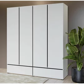 Set Dormitor Cross, Dulap 4 Usi si 2 Sertare 180x60x210 h cm, Pat 160x200 cm, 2 noptiere - 55x40x40 cm, Pal Laminat, Alb/Negru