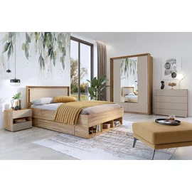 Set Dormitor Impressio A, Dulap 2 Usi Glisante si 2 Sertare 159x63x219 cm, Pat Cu Sertare 160x200 cm, Comoda - 100x41x91 cm, 2 noptiere - 46x41x45 cm, Pal Laminat, Stejar Mauvella/Congo