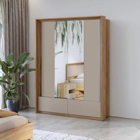 Set Dormitor Impressio A, Dulap 2 Usi Glisante si 2 Sertare 159x63x219 cm, Pat Cu Sertare 160x200 cm, Comoda - 100x41x91 cm, 2 noptiere - 46x41x45 cm, Pal Laminat, Stejar Mauvella/Congo picture - 2