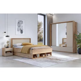 Set Dormitor Impressio B, Dulap 2 Usi Glisante si 2 Sertare 209x63x219 cm, Pat Cu Sertare 160x200 cm, 2 noptiere - 46x41x45 cm, Pal Laminat, Stejar Mauvella/Congo