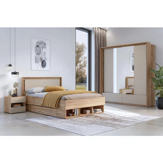 Set Dormitor Impressio B, Dulap 2 Usi Glisante si 2 Sertare 209x63x219 cm, Pat Cu Sertare 160x200 cm, 2 noptiere - 46x41x45 cm, Pal Laminat, Stejar Mauvella/Congo picture - 1