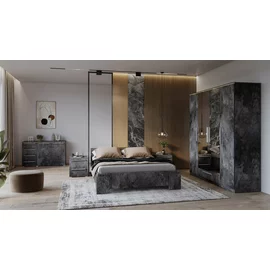 Set Dormitor India, Dulap 4 Usi si Sertar 180x60x215 h cm, Pat 160x200 cm, Comoda -135x41x81 cm, 2 noptiere - 46x41x50 cm, Pal Laminat, Gri Piatra