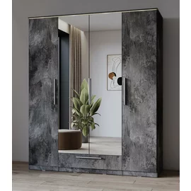 Set Dormitor India, Dulap 4 Usi si Sertar 180x60x215 h cm, Pat 160x200 cm, Comoda -135x41x81 cm, 2 noptiere - 46x41x50 cm, Pal Laminat, Gri Piatra