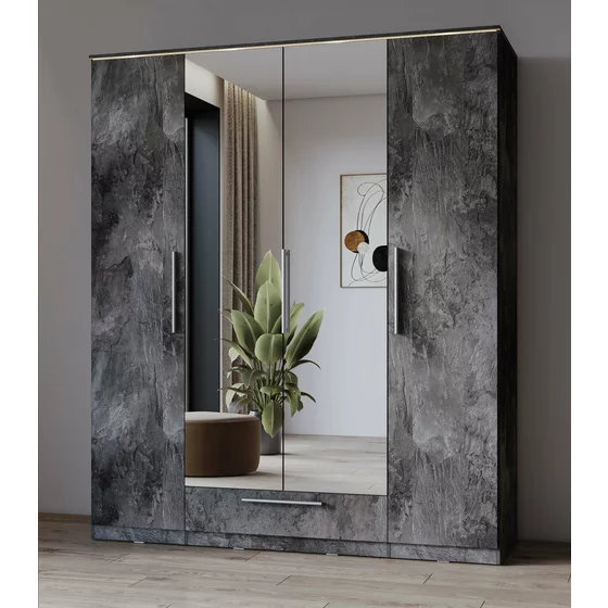 Set Dormitor India, Dulap 4 Usi si Sertar 180x60x215 h cm, Pat 160x200 cm, Comoda -135x41x81 cm, 2 noptiere - 46x41x50 cm, Pal Laminat, Gri Piatra picture - 2
