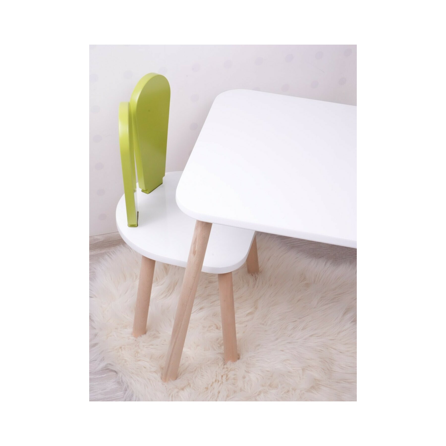 Set Masa cu 2 Scaune Pentru Copii, Bunny 50x45x60 cm, Lemn/MDF, Alb/Verde