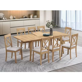 Set Masa Extensibila Basami, 150-190x90x76 h cm + 8 Scaune Haris, Lemn, Stejar Bianco