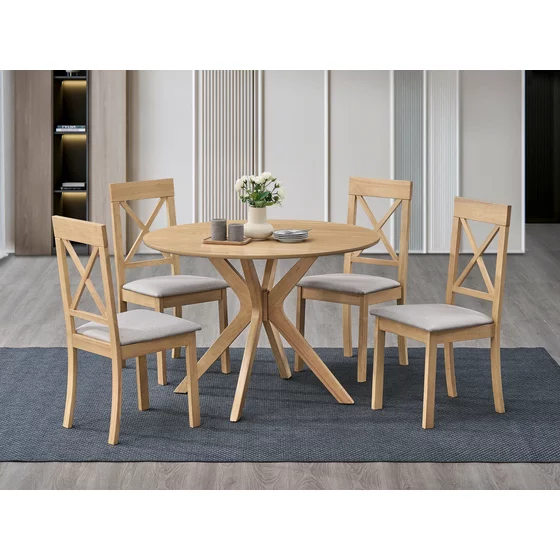 Set Masa Tomisa  Ø106x76 h cm + 4 Scaune Haris, Lemn/MDF, Stejar Bianco picture - 1