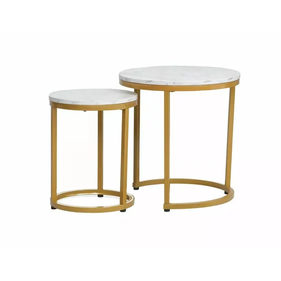 Set Masute Cafea Shelby 223, Ø45x48 cm + Ø32x42 cm, Metal/Pal Laminat, Auriu/Alb Marmura picture - 1