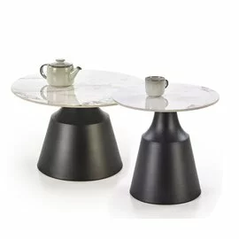 Set Masute de Cafea Hagen 25005, Ø70x50 cm + 43x48 cm, Metal/Piatra Sinterizata, Negru/Alb Marmura