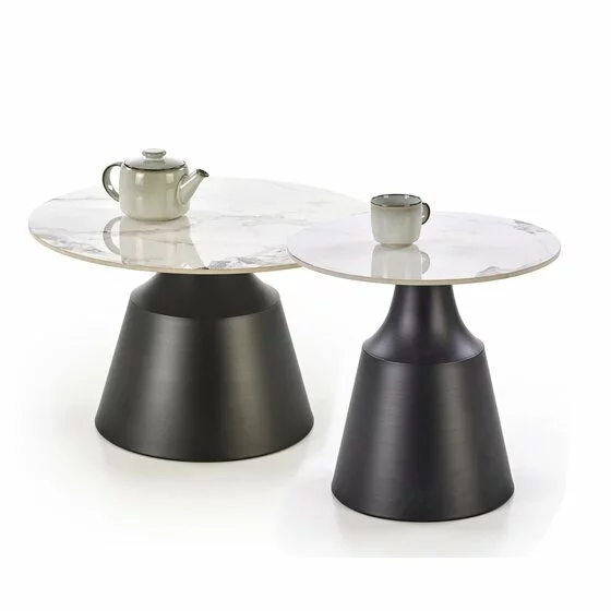 Set Masute de Cafea Hagen 25005, Ø70x50 cm + 43x48 cm, Metal/Piatra Sinterizata, Negru/Alb Marmura picture - 1