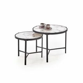 Set Masute de Cafea Hagen 265, Ø63x50 cm, Metal/MDF cu Efect de Piatra Sinterizata, Negru/ Alb Marmura
