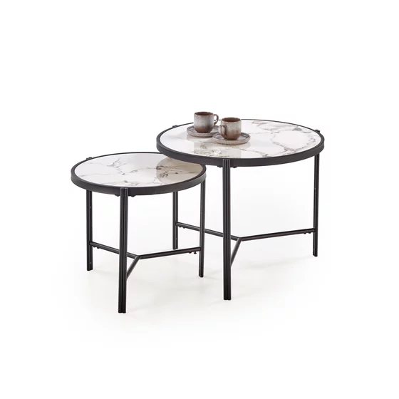 Set Masute de Cafea Hagen 265, Ø63x50 cm, Metal/MDF cu Efect de Piatra Sinterizata, Negru/ Alb Marmura picture - 1