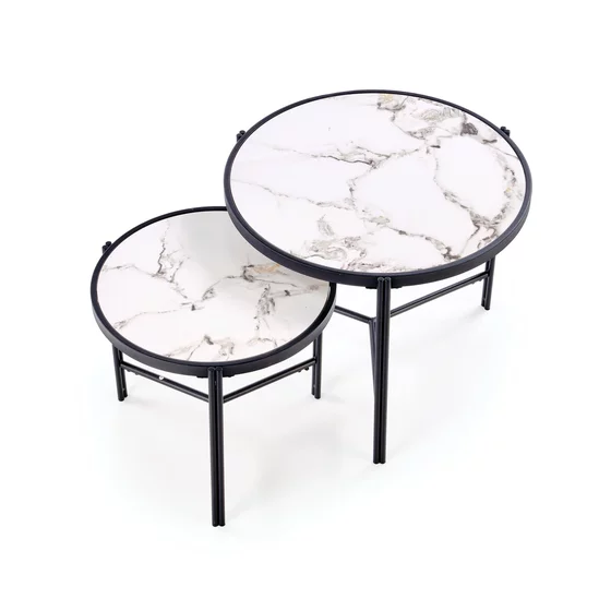Set Masute de Cafea Hagen 265, Ø63x50 cm, Metal/MDF cu Efect de Piatra Sinterizata, Negru/ Alb Marmura picture - 2
