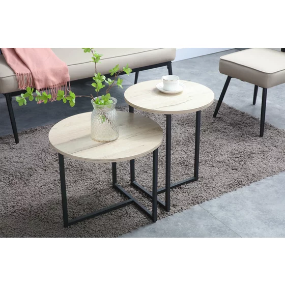 Set Masute de Cafea Johpur, Ø48x40 cm + Ø40x50 cm, Metal/MDF,  Negru/Stejar Natur picture - 3