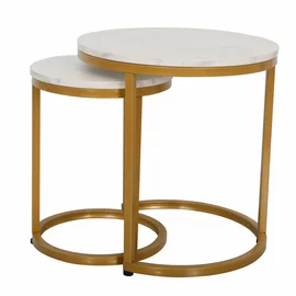 Set Masute de Cafea Nestin, Ø45x48 cm + Ø32x42 cm, Metal/MDF, Auriu/Alb Marmura