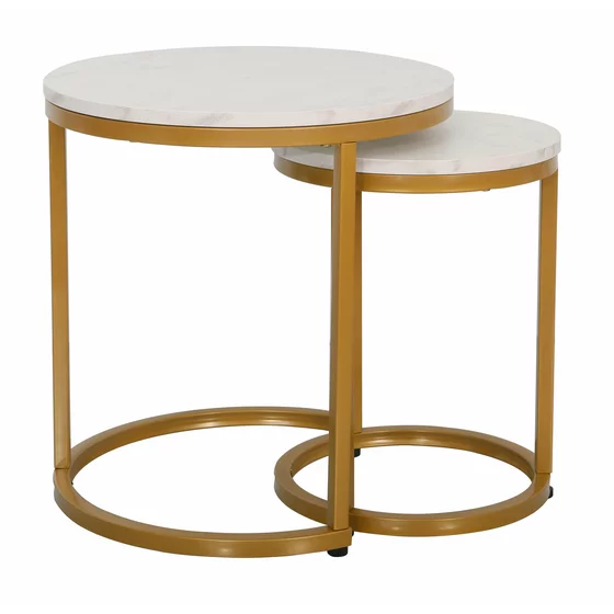 Set Masute de Cafea Nestin, Ø45x48 cm + Ø32x42 cm, Metal/MDF, Auriu/Alb Marmura picture - 3