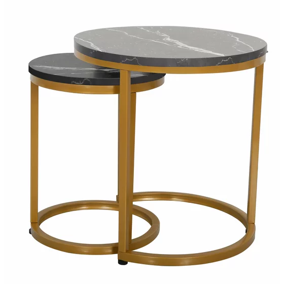 Set Masute de Cafea Nestin, Ø45x48 cm + Ø32x42 cm, Metal/MDF, Auriu/Negru Marmura picture - 2