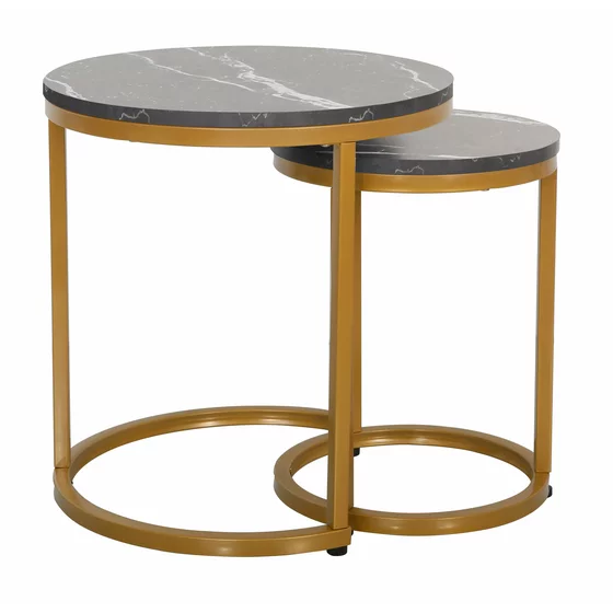 Set Masute de Cafea Nestin, Ø45x48 cm + Ø32x42 cm, Metal/MDF, Auriu/Negru Marmura picture - 3