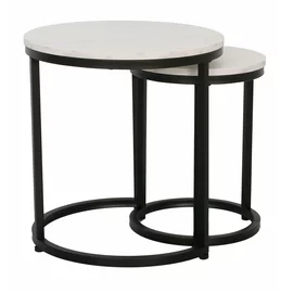 Set Masute de Cafea Nestin, Ø45x48 cm + Ø32x42 cm, Metal/MDF, Negru/Alb Marmura