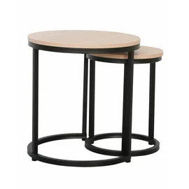Set Masute de Cafea Nestin, Ø45x48 cm + Ø32x42 cm, Metal/MDF,  Negru/Stejar Natur