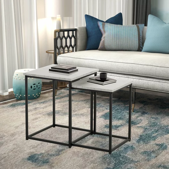 Set Masute de Cafea Tahne, 40x40x50 cm + 35x35x45 cm, Metal/Pal Melaminat, Negru/Gri Beton picture - 1