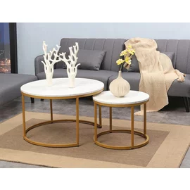 Set Masute Shelby 210, Ø80X48 cm + Ø48x42 cm Metal/MDF Laminat, Auriu/Alb Marmura