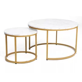 Set Masute Shelby 210, Ø80X48 cm + Ø48x42 cm Metal/MDF Laminat, Auriu/Alb Marmura