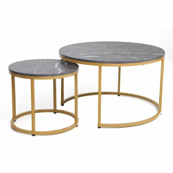 Set Masute Shelby 210, Ø80X48 cm + Ø48x42 cm Metal/MDF Laminat, Auriu/Negru Marmura picture - 1