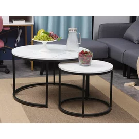 Set Masute Shelby 210, Ø80X48 cm + Ø48x42 cm Metal/MDF Laminat, Negru/Alb Marmura