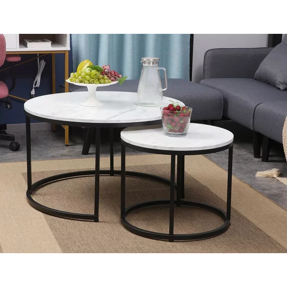 Set Masute Shelby 210, Ø80X48 cm + Ø48x42 cm Metal/MDF Laminat, Negru/Alb Marmura picture - 2