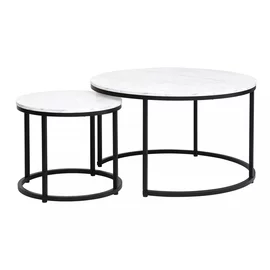 Set Masute Shelby 210, Ø80X48 cm + Ø48x42 cm Metal/MDF Laminat, Negru/Alb Marmura