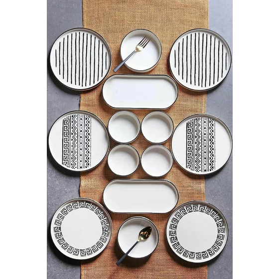 Set Mic Dejun (14 bucati) Ivory-MCH09905, Ceramica, Negru/Alb picture - 1
