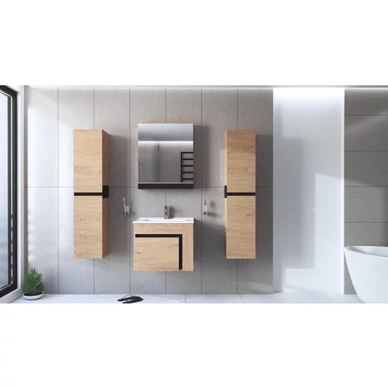 Set Mobilier de Baie HOF102A, Masca Chiuveta + Dulap Oglinda + 2 x Dulap Suspendat,  Pal Melaminat, Stejar Auriu picture - 1