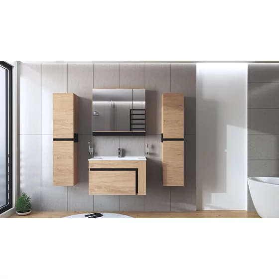 Set Mobilier de Baie HOF102B, Masca Chiuveta + Dulap Oglinda + 2 x Dulap Suspendat,  Pal Melaminat, Stejar Auriu picture - 1