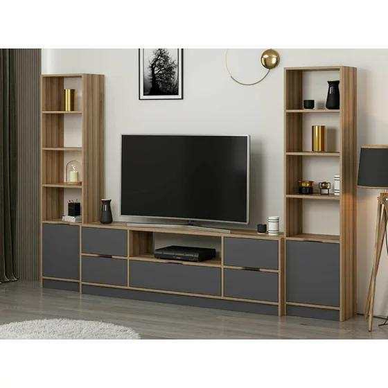 Set Mobilier de living, Elina - 8607,  270x35x180 cm, Pal Melaminat, Antracit/Stejar picture - 2