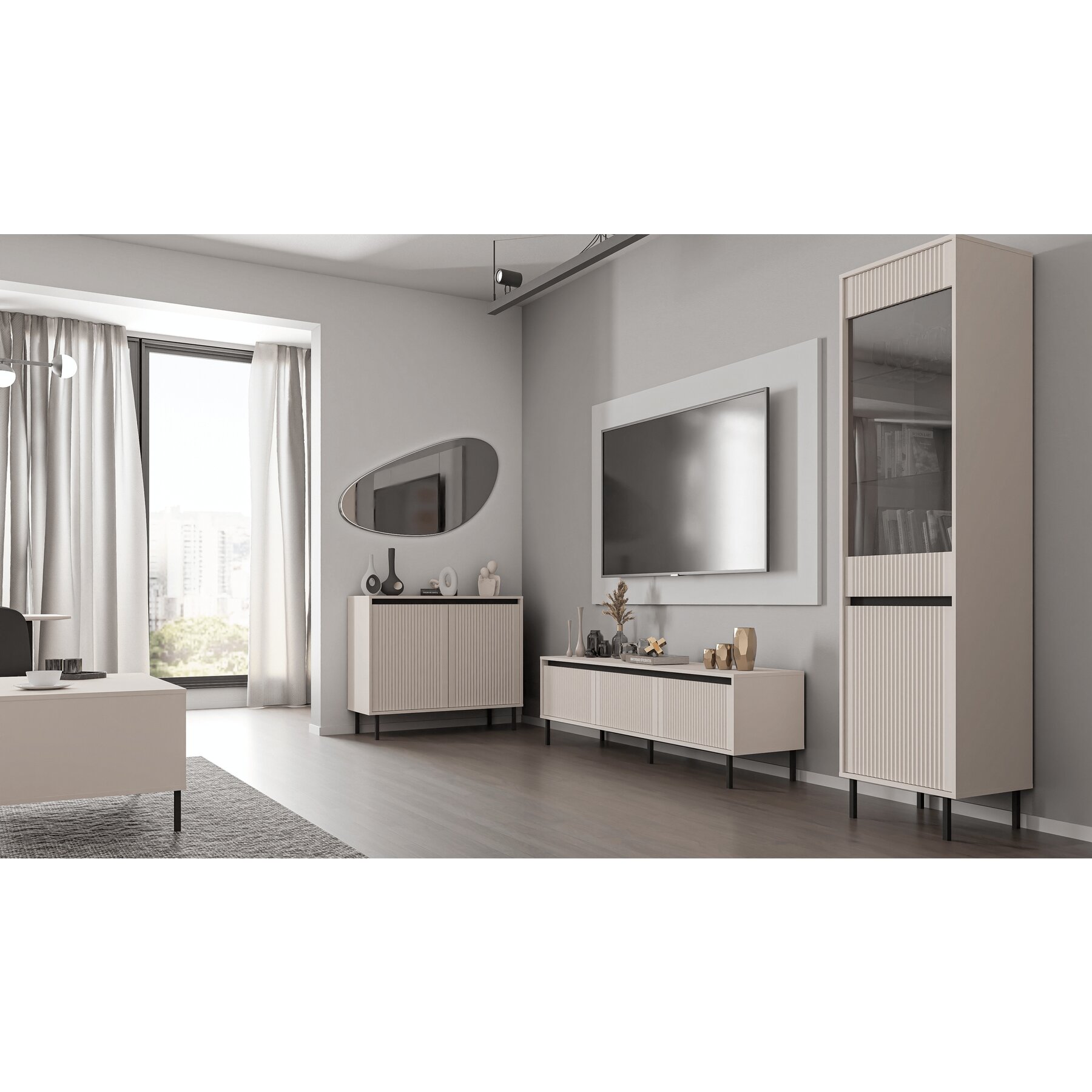 Set Mobilier Living Osaka A, 3 piese, Pal Melaminat/MDF Frezat, Beige Nisip