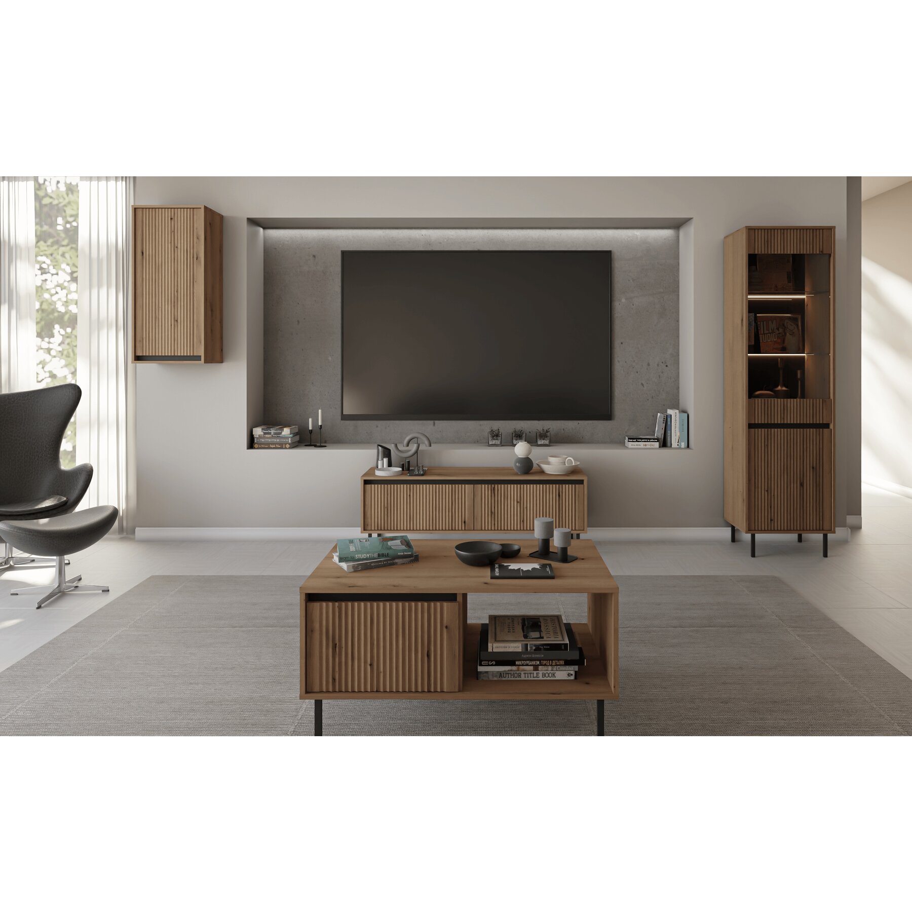 Set Mobilier Living Osaka, 4 piese, Pal Melaminat/MDF Frezat, Stejar Evoke