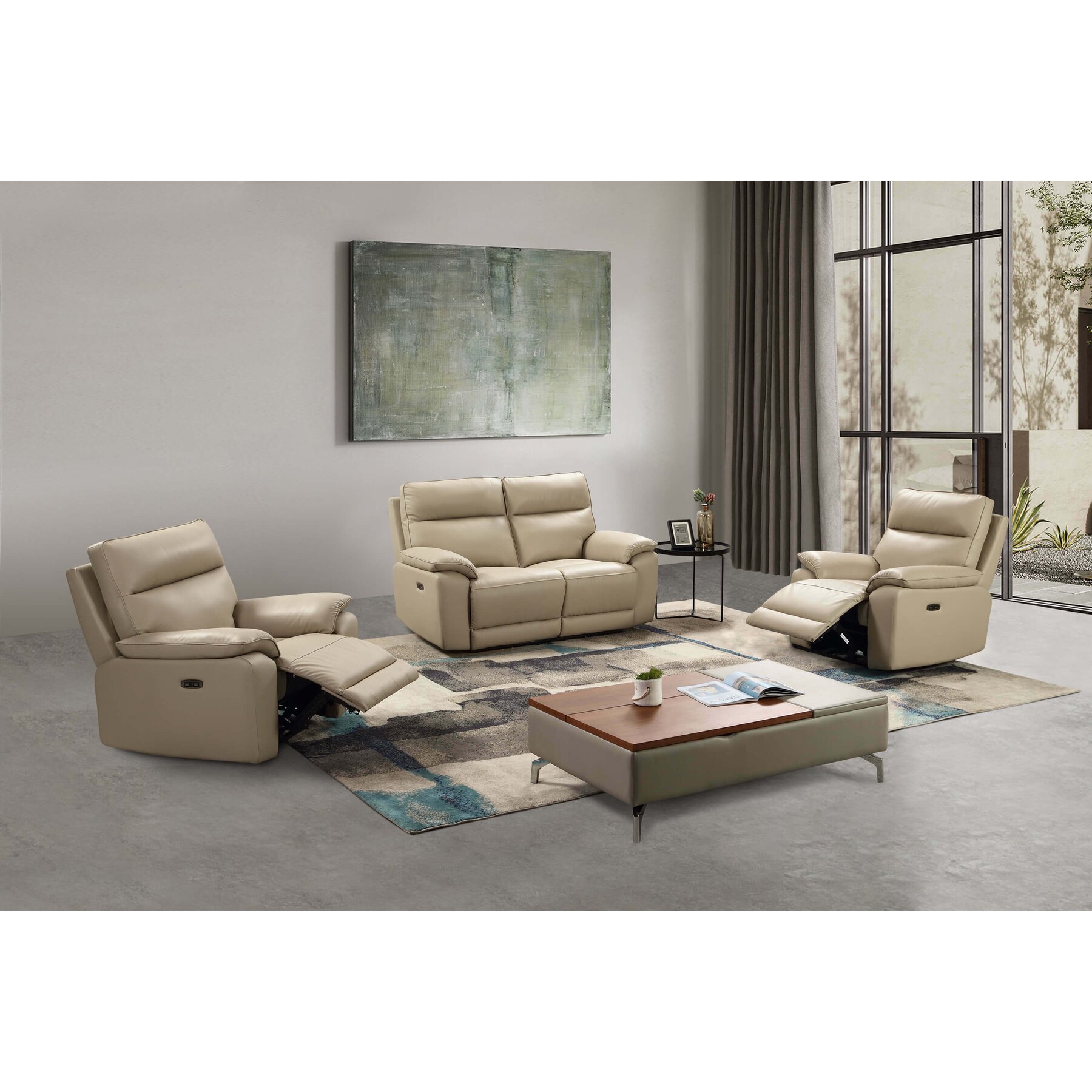 Set Recliner Electric Klause, 2L+1L+1L, Canapea 2L - 151x93x101 cm, Fotoliu 101x93x101 cm, Piele Naturala, Cappuccino